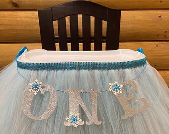 Winter Onederland High Chair Tutu, Frozen Birthday Decor, “ONE” Banner