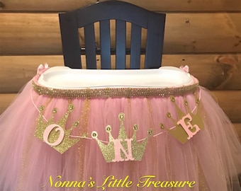 Pink and Gold Princess High Chair Tutu with "ONE" Banner