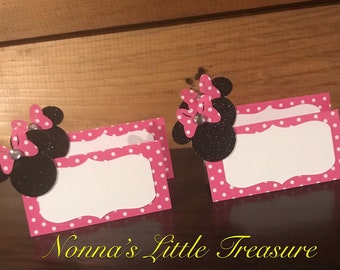 Minnie Mouse Place Cards, Hot Pink Polka Dot, Glitter Accents (Set of 10)