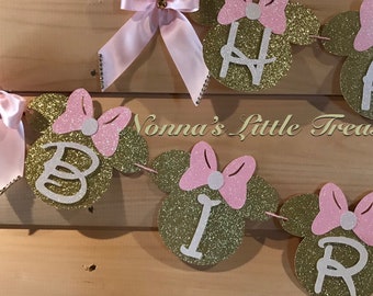 Pink and Gold Glitter Minnie Mouse Happy Birthday Banner
