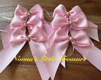 Pink Satin Ribbon Bows with Pearl Embellishment, Party Favor Bows