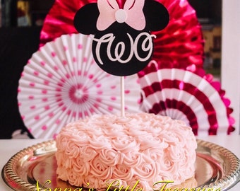 Minnie Mouse Two Cake Topper, Pink & Black Birthday Centerpiece