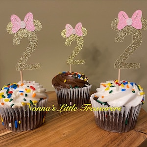 12 Glitter Minnie Mouse Cupcake Toppers,Minnie Mouse Birthday.Pink And Gold Minnie Mouse Birthday,Oh Twodles Birthday,Minnie Mouse Cupcakes