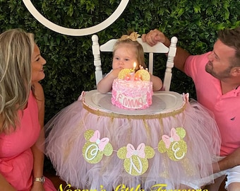 Minnie Mouse High Chair Tutu, Pink and Gold First Birthday Banner