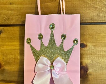 Pink Princess Crown Favor Bags, Gold Glitter Crown, Baby Shower