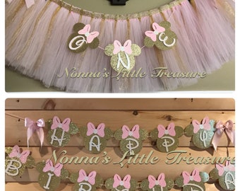 Minnie Mouse High Chair Tutu With "O-N-E" Banner & Minnie Mouse Happy Birthday Banner Package,Pink And Gold Minnie Mouse Birthday