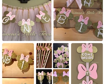 Minnie Mouse High Chair Tutu Wirh "O-N-E" Banner,Happy Birthday Banner,First Year Banner & Minnie Mouse Party Package,Minnie Mouse Birthday