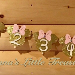 May include: Gold glitter Minnie Mouse themed banner with pink bows and white numbers from NB to 6. The banner is strung together with twine.