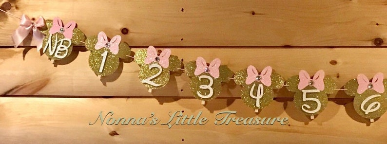 May include: Gold glitter Minnie Mouse themed banner with pink bows and white numbers from NB to 6. The banner is strung together with twine.