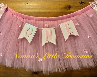 Bow Highchair Tutu With One Banner,One Highchair Banner,Bow First Birthday Highchair Tutu,Pink Bow First Birthday Banner,Pink Bow Highchair