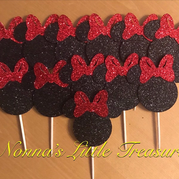 Glitter Red and Black Minnie Mouse Cupcake Toppers,Red And Black Minnie Mouse,1st Birthday,Minnie Mouse Birthday,Baby Shower,Cupcake Toppers