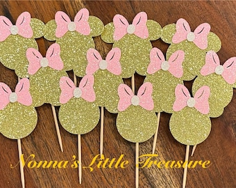 Minnie Mouse Cupcake Toppers, Pink and Gold Glitter