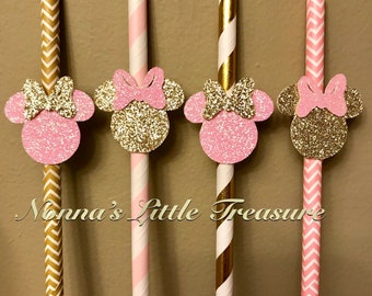 Minnie Mouse Straws,Pink and Gold Minnie Mouse,Minnie MousePaper Str Birthday,Minnie Mouse Birthday Decoration,Baby Shower,First Birthday