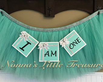 Breakfast At Tiffany's High Chair Tutu With " I-AM-ONE" Banner,Tiffany's High Chair Tutu,Tiffany's Birthday,First Birthday,Tiffany's Tutu