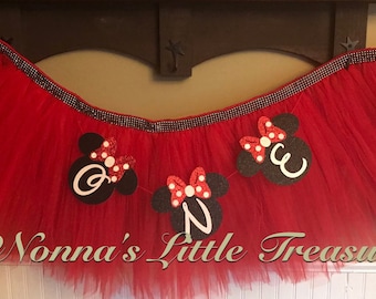 Minnie Mouse High Chair Tutu, "O-N-E" Banner, First Birthday