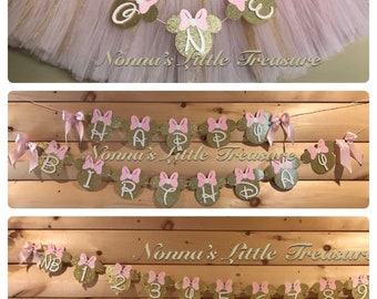 Minnie Mouse High Chair Tutu With "O-N-E" Banner, Minnie Mouse Happy Birthday Banner And Minnie Mouse First Birthday Banner Package