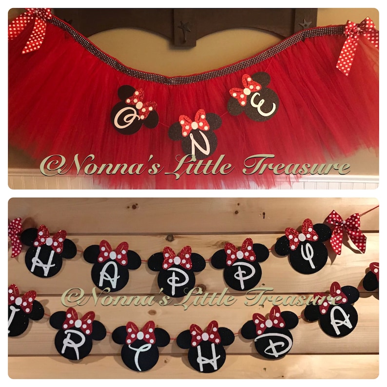 May include: Red tulle banner with Minnie Mouse head cutouts, each with a red bow and white polka dots. The banner spells out "Happy Birthday" with white letters. The text "@Nonnas Little Treasure" is also visible.