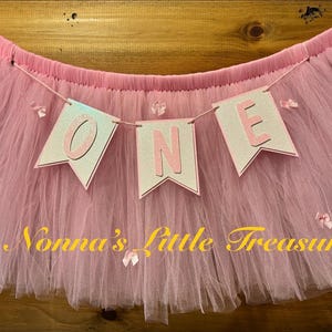 May include: Pink tulle tutu skirt with a banner that says "ONE" in white letters with pink glitter. The banner is strung with pink bows. The tutu skirt has pink bows sewn on it. The text "Nonna's Little Treasure" is printed on the skirt.