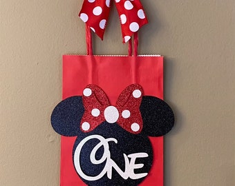 Minnie Mouse First Birthday Favor Bags, Red Polka Dot Bow