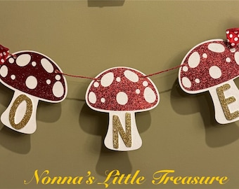 Mushroom Birthday Banner,Garden Birthday Banner,Toadstool Birthday Banner,First Birthday,Mushroom High Chair Banner,Birthday