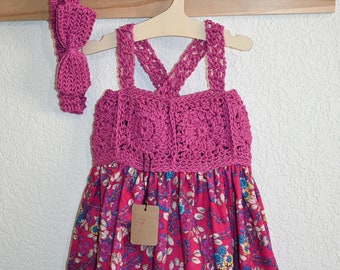 Crochet Cotton Baby Girl Dress and Headband. 2-3 years.