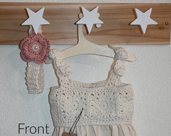 Crochet Cotton Girl Dress and Headband. 6-12 months.