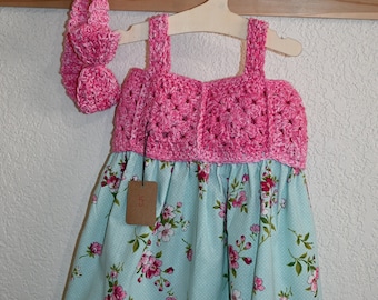 Crochet Cotton Baby Girl Dress and Headband. 1-2 years.