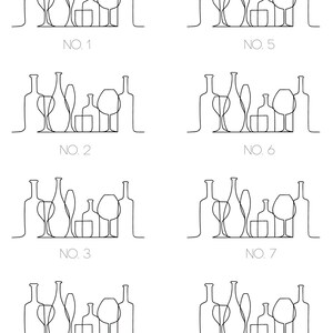 Pode incluir: Desenhos a traço em preto e branco de garrafas de vinho, taças e um copo. Cada design é numerado de "NO. 1" a "NO. 8". As ilustrações são simples e elegantes, adequadas para uma estética minimalista.