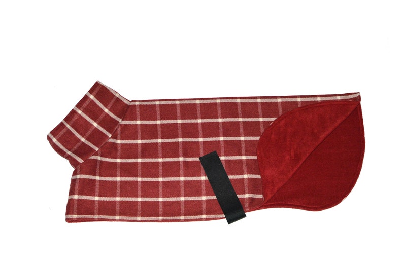 Greyhound Coat BlueGum Design Red Burgundy and White Check Fabric with Red Burgundy Polar Fleece Lining