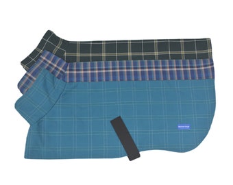 Wool Blend Greyhound Coat - Green, Blue and Teal Check with Grey Polar Fleece Lining - Medium Size - BlueGum Design