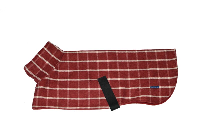 Greyhound Coat BlueGum Design Red Burgundy and White Check Fabric with Red Burgundy Polar Fleece Lining