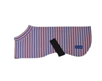 Abrigo para whippet pequeño: abrigo de rayas rosadas y moradas con forro negro, tamaño pequeño, diseño BlueGum