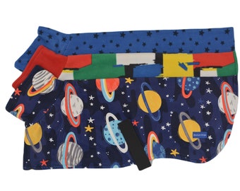 Polar Fleece Greyhound Coats - Blue with Stars, 80's Retro and Planets - Polar Fleece Lining - Medium Size - BlueGum Design