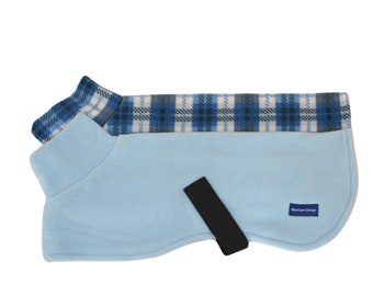 SMALL Size Whippet Coat - Blue and White Check & Pale Blue Polar Fleece - BlueGum Design