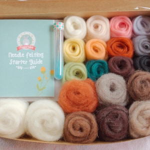 May include: A needle felting starter kit with a variety of colored wool fibers, a needle felting tool, and a guide booklet. The booklet has the title "Needle Felting Starter Guide".