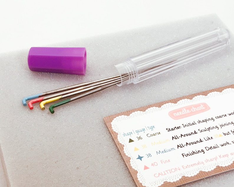 May include: Set of four sculpting tools with colored handles in a clear plastic tube. The tools are labeled with their gauge and type: 36 Coarse, 38 Medium, 40 Fine. The card also includes instructions for using the tools for sculpting.