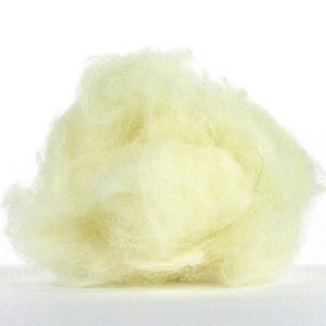 May include: A close-up shot of a fluffy, pale yellow material, possibly wool or fiber, against a white background. The material is soft and cloud-like, with a slightly uneven texture. The lighting is bright, highlighting the delicate strands.