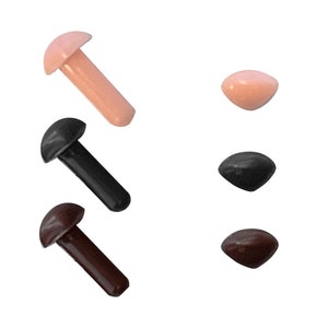 Puede incluir: Surtido de ojos de seguridad de plástico para manualidades. Los ojos vienen en tres colores: negro, marrón y tono piel. Cada ojo tiene una parte posterior plana y una forma de cúpula elevada.