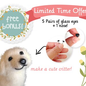 May include: A white, fluffy, felt dog with black glass eyes and a black felt nose. The image also shows a hand holding a pack of black glass eyes and a nose, with the text "Limited Time Offer! 5 Pairs of glass eyes + 1 nose!" and "free bonus!"