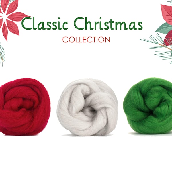 Felting Wool Variety Pack - Classic Christmas Colors 3oz - Holiday Assorted Color Set | Roving for Needle Felting, Spinning & Crafting