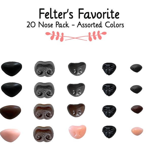 Animal Noses Assortment Variety Pack - 20 Noses | Black, Brown, Pink Fake Nose for Needle felt sculptures, felt animals, dolls, amigurumi