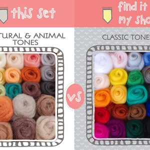 May include: Two sets of wool roving, one set in natural and animal tones and the other in classic tones. The sets are arranged in a grid pattern and labeled "this set" and "find it in my shop".