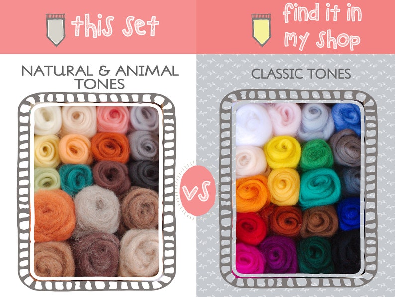 May include: Two sets of wool roving, one set in natural and animal tones and the other in classic tones. The sets are arranged in a grid pattern and labeled "this set" and "find it in my shop".