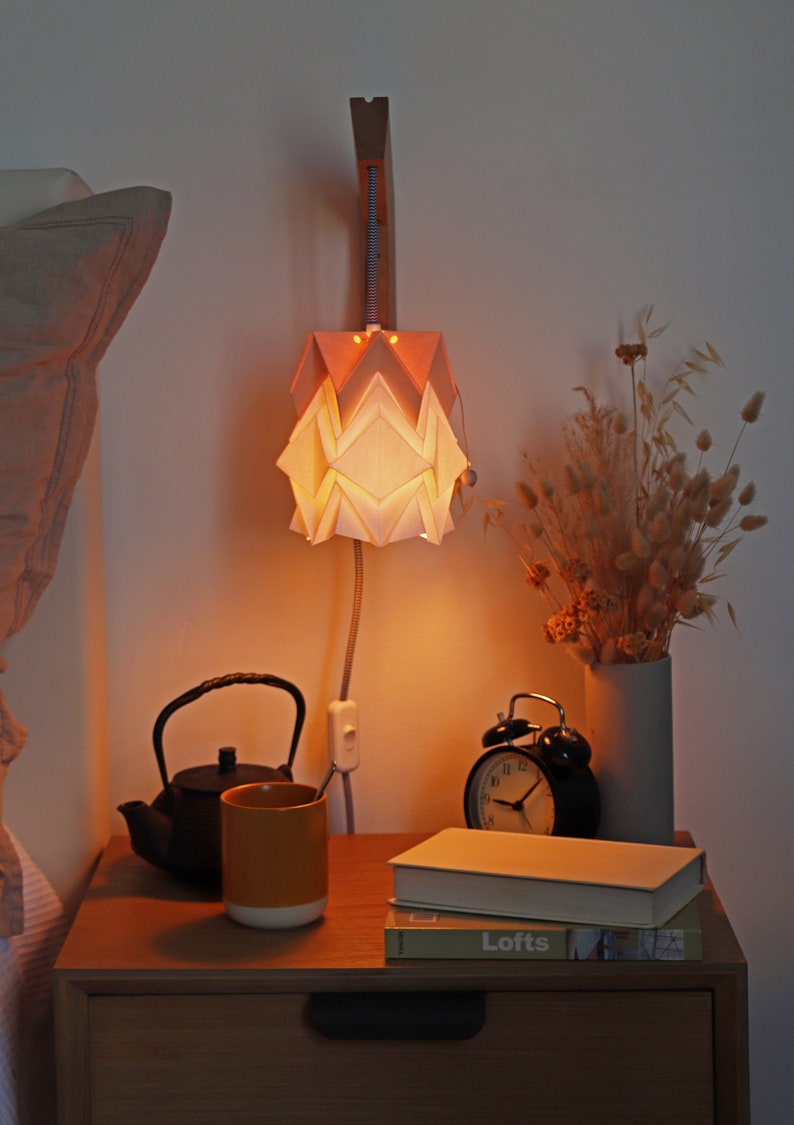 Origami wall lighting fixture wooden bracket with small paper pendant light image 6