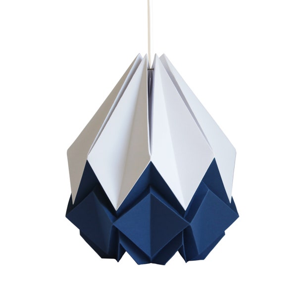 Origami lampshade in white and blue paper, medium size