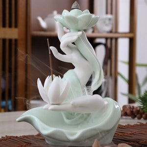 A lotus flower backflow incense burner, ceramic conical and stick incense holder Zen garden, celadon inverted incense burner ornament
