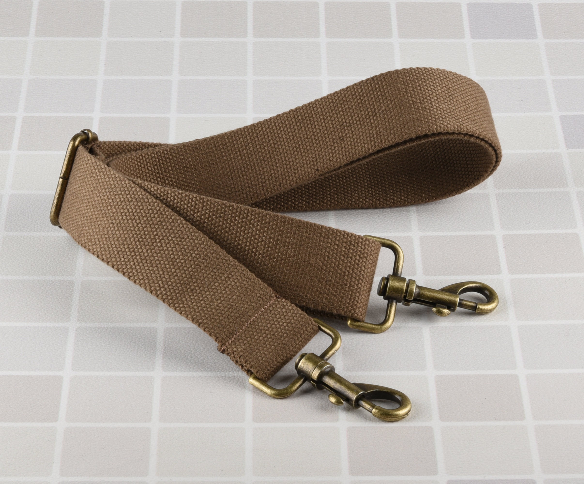 Replacement stripped slim handbag strap with carabiner slide hook in dark  brown and tan brown with 1 width