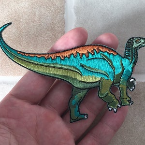 Puede incluir: Parche de dinosaurio bordado con cuerpo verde y turquesa y detalles en naranja. El parche tiene un diseño detallado con costuras negras que delinean la forma del dinosaurio. Adecuado para ropa o accesorios.