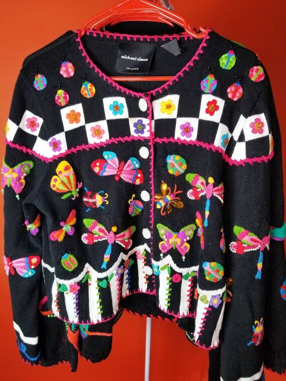 Michael Simon Cardigan Sweater lady bugs, butterfl