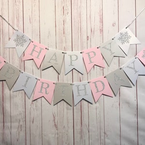 Happy Birthday Snowflake Banner, Pink Snowflake Birthday, Snowflake 1st Birthday, Winter Wonderland Party, Snowflake Birthday Decorations image 1